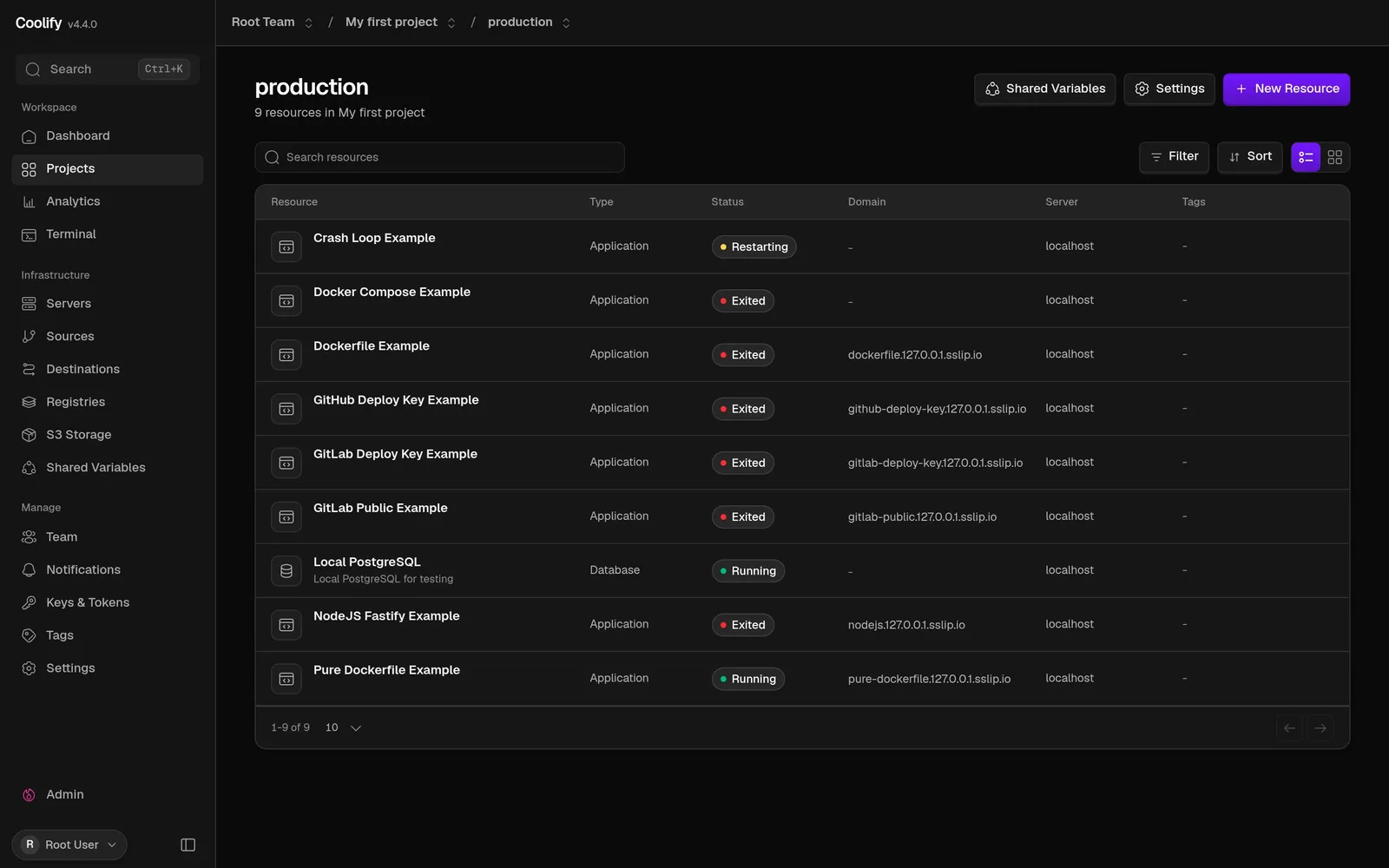 Coolify dashboard